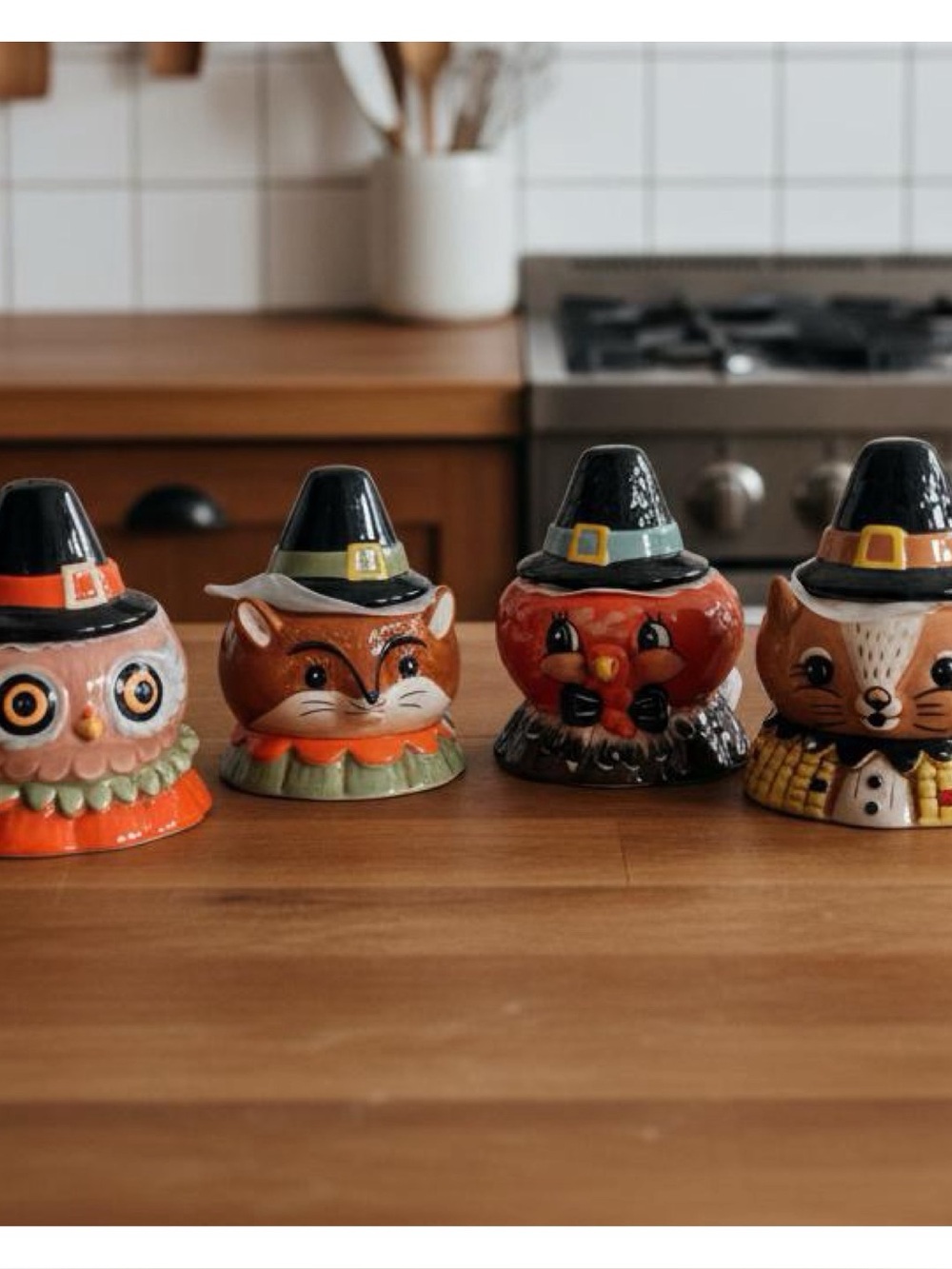 Set 4 Johanna Parker Thanksgiving Harvest Pilgrim Critter Canisters Jars w/hats!
